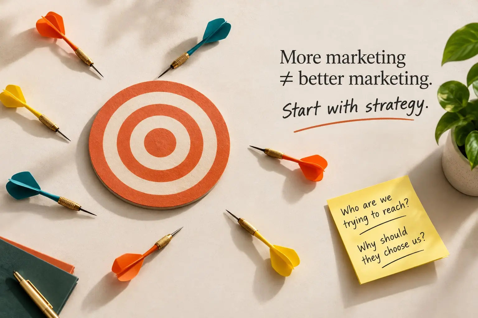 Darts scattered around a target with the words: More marketing does not equal better marketing. Start with strategy.