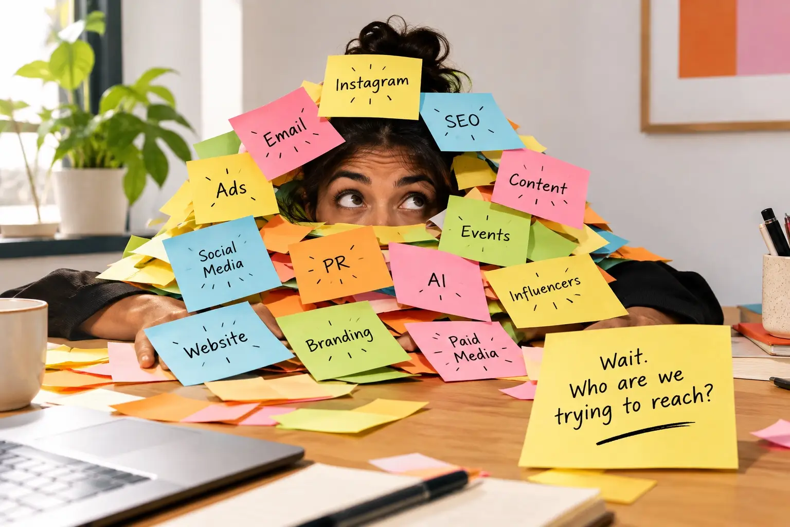 Overwhelmed marketer buried under sticky notes for every channel, with one note asking: Who are we trying to reach?